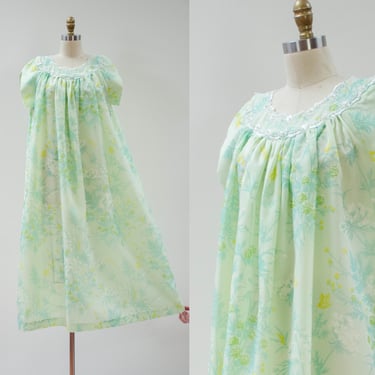 long mint green dress | 60s 70s vintage pastel green floral chiffon romantic cottagecore oversized kaftan loungewear maxi dress 