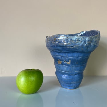 Vintage Blue Glaze Coil Pottery Vase, Signed 