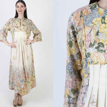 Butterfly Print Cottagecore Dress, All Over Nature Landscape, Vintage Fairycore Lounge Maxi 