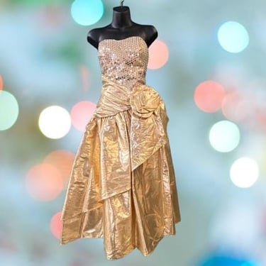 1980s gold lame strapless prom dress sequin bodice big flower gown small 