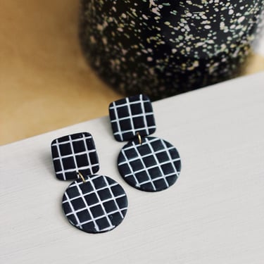 Black and White checker Grid Earrings / Abstract Bold Jewelry / Modern Earrings / Gifts for her 