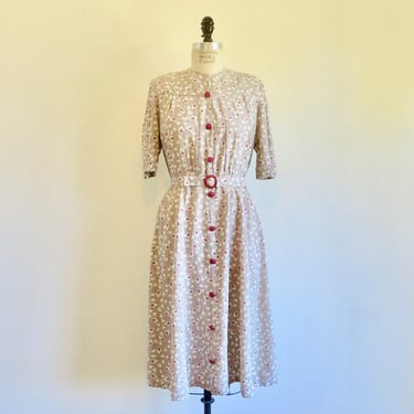 1940's Gray Red Rayon Novelty Print Day Dress Half Sleeves Celluloid Buttons Buckle Rockabilly 40's Spring Summer Dresses 34