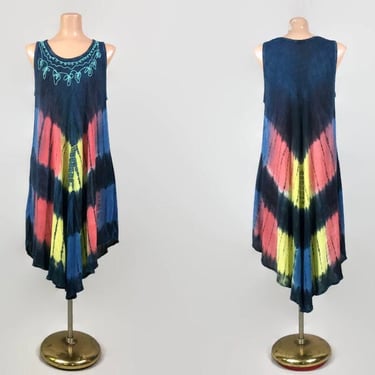 VINTAGE 90s Embroidered Tie Dye Indian Rayon Trapeze Dress | 1990s Butterfly Wing Mini Caftan Full | BOHO Festival Ethnic Tank Sundress vfg 