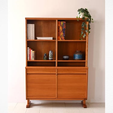 Vintage Scandinavian Oak and Cherry Wood Bookcase with Rolling Tambour Doors 