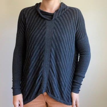 Eileen Fisher Gray Black Striped Lagenlook Mockneck Long Sleeve Sweater Sz PS 