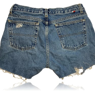 90s Tommy Hilfiger Classic Wash Denim High Waisted Shorts // Distressed Ripped Denim // Size 7 