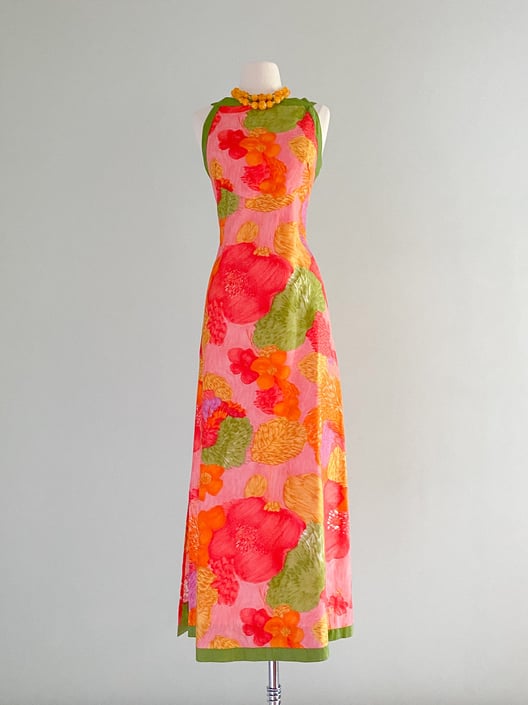 1960's Margo's Honolulu Floral Cotton Maxi Dress / Sz M/L