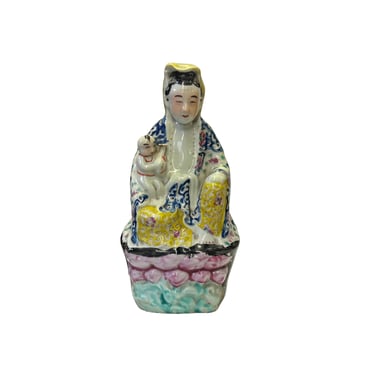 Small Vintage Chinese Multi-Color Porcelain Kwan Yin & Kid Statue ws3394E 