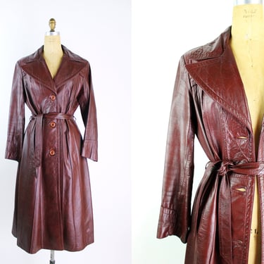 70's Burgundy Leather Jacket / Leather Coat / Leather Trenchcoat / 1970s Oxblood Leather / Burgundy Brown Midi Leather Coat / Size S/M 