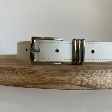 Vintage 90s White Bonded Leather Stitched Three Ring Buckle Belt - S 