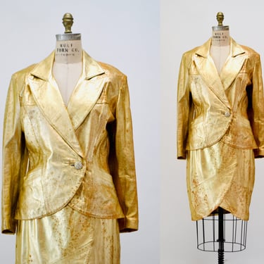 80s 90s Vintage Gold Metallic Rhinestone Leather Suit Jacket Skirt Set Lillie Rubin Medium Large 80s Glam Gold Studded Leather Jacket Skirt 
