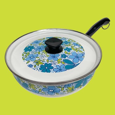 Vintage Enamel Pan with Lid Retro 1970s Mid Century Modern + Blue Flower Design + MCM Kitchen + Cooking + Stovetop 