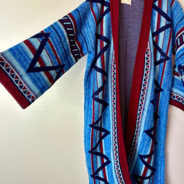 70’s Boho hippie knit cardigan jacket~ long sweater/open front tunic Blue & burgundy chevron bold stripes belled sleeves/ size L 