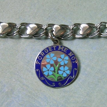 Vintage Sterling Charm Bracelet with Forget Me Not Enamel Charm, Sterling Enamel Charm Bracelet, Vintage Sterling Heart Bracelet (#4514) 