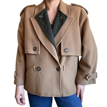 Vintage 80s Womens Valentino Wool Tan Double Breasted Crop Pea Coat Jacket Sz M 