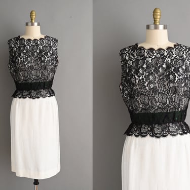 vintage 1950s Dress | Black Lace White Cotton Winter Cocktail Dress | Medium Large 