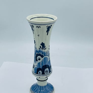 Vintage Blue and  White Porcelain Bud Vase with Pretty Floral Design- 7.2" tall- Delft Hand Painted 