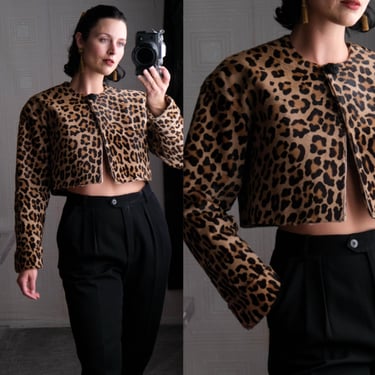 Vintage 90s GENNY Leopard Pony Hair Leather Bolero Jacket | Made in Italy | 100% Genuine Leather | 1990s Italian Designer Cropped Jacket 