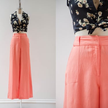 wide leg pants | 90s y2k vintage coral salmon pink orange linen wide leg palazzo flare trousers 