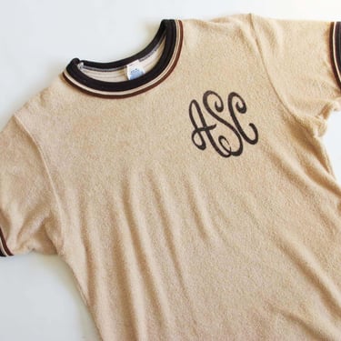 Vintage 70s Terrycloth Ringer Shirt ASC Monogram S M - 70s Tan Brown Crewneck Shirt 