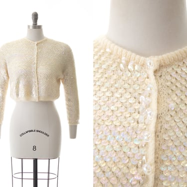 Vintage 1950s 1960s Cardigan | 50s 60s Iridescent Sequin Knit Wool Cream Cropped Sparkly Holiday Party Sweater Top (medium/large) 
