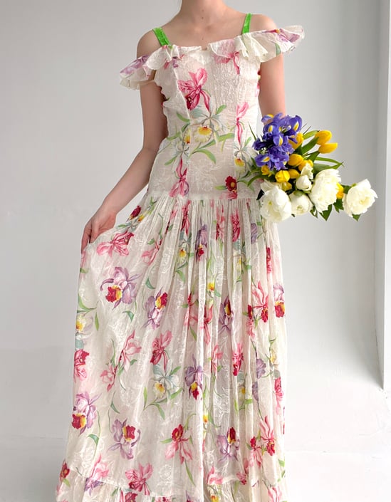 1920's Floral Print Organza Gown