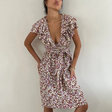 90s plunge dress / vintage silky ditsy floral plunging ruffle collar belted cocktail wrap dress | XS S 