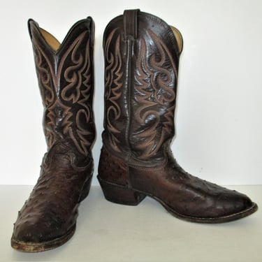 Vintage Larry Mahan Full Quill Ostrich Cowboy Boots, Brown Leather, Size 10.5E Men 