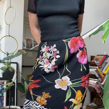VTG 90s Floral and Zebra Print Bias Cut Asymmetrical Skirt 