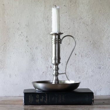 Vintage Pewter Chamberstick, Colonial Style Pewter Candle Holder 