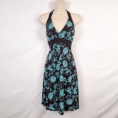 Vintage Y2K Black & Blue Floral Halter Dress 