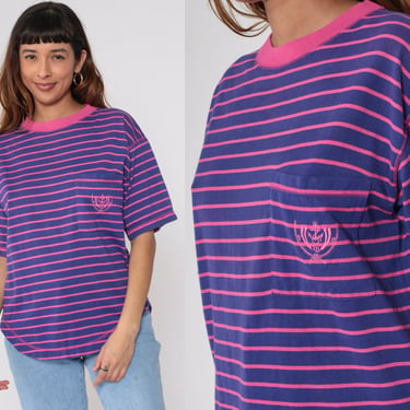 90s Striped T Shirt Anchor Crest Pocket T Shirt Blue Pink Nautical Ringer Tee Retro Tee Vintage High Low Hem 1990s Short Sleeve Medium 