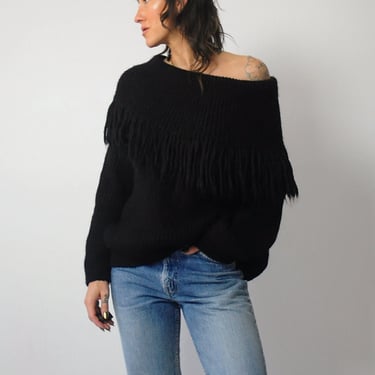 Black Fringed Off Shoulder Sweater