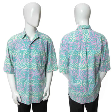 1990's Bugle Boy Multicolor All-Over Abstract Printed Button Down Shirt Size L