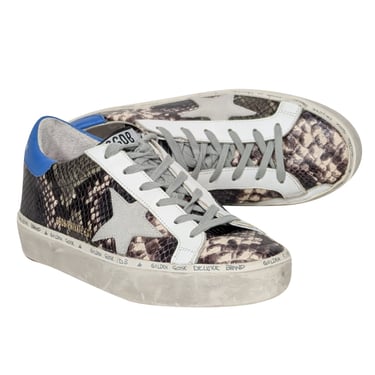 Golden Goose - Grey, Cream, White, & Blue Snakeskin Print "Hi Star" Sneakers Sz 7