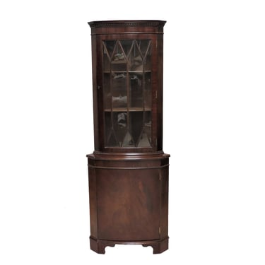 Vintage Wooden Cabinet | English Inlaid Mahogany Corner Cabinet With Fretwork Glass  Door 