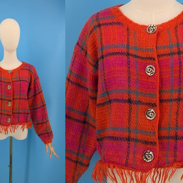 Vintage 90s Colorful Plaid Mohair Blend Cardigan Sweater - Nineties One Step Up Large Maximalism Fringed Open Knit Cardigan 
