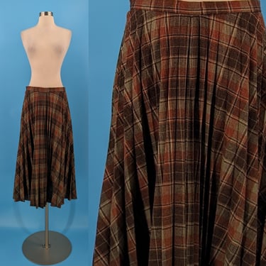 Seventies Wool Blend Accordion Pleat Plaid Midi Skirt - 70s Small/Medium Brown Plaid Mid Length Skirt 