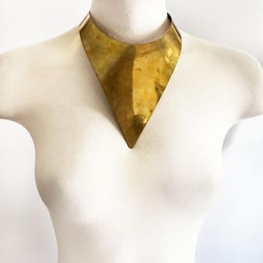 1970's Brass Gold Metal Necklace Collar BISJOUX Vintage Designer Rich Hippie Art Deco Style Jewelry, Shield, Armour, RARE Disco era Choker 