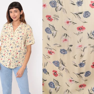 Light Yellow Floral Blouse 90s Button Up Shirt Pastel Pink Blue Retro Short Sleeve Top Flower Print Casual 1990s Vintage Rayon Small S 