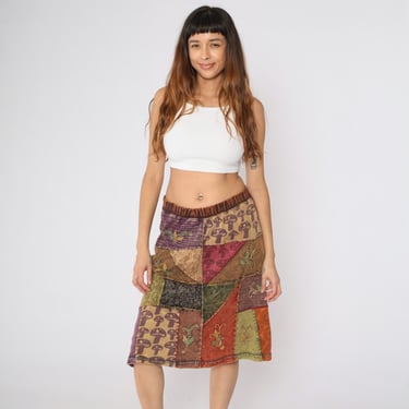 Vintage Y2K Hippie Boho Patchwork Skirt Brown Mushroom Floral Peach Sign Cotton Nepal Festival Bohemian Elastic Waist Kathmandu Large L 