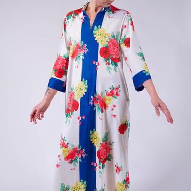 70s Floral Robe Vintage Zip Up Kimono With Mandarin Collar and Pockets Loungewear House Coat 