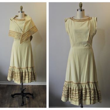 Vintage 1940s 50s Beige Gold Metallic Corduroy Patio Dress with Shawl Wrap Southwest Circle Skirt  // Modern US 6 8 10 Med Large 