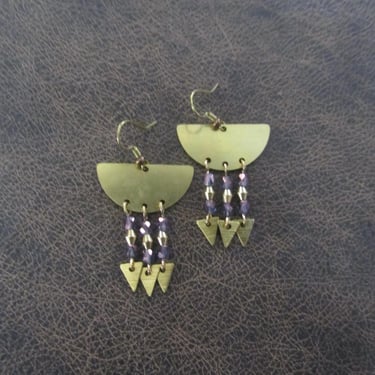 Purple crystal and brass modern chandelier earrings 