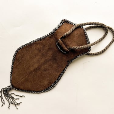 1900s Brown Suede Leather Pouch Purse | 1900s Brown Leather Hexagon Purse | Brown Pouch Handbag 