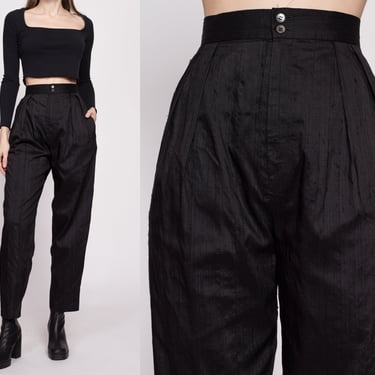 80s Black Silk High Waisted Trousers - Medium, 28" | Vintage Pleated Tapered Leg Mom Pants 