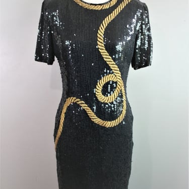1980s Black Beaded Cocktail Dress- Sequin Party Dress- Mini Dress by Stenay 