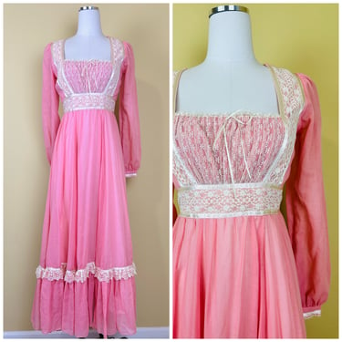 1970s Gunne Sax Bridal Collection Nylon Gown / 70s Vintage Pink Lace Balcony Bust Romantic Prairie Dress / Small - Medium 