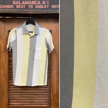 Vintage 1960’s Stripe Waffle Knit Loop Collar Summer Rockabilly Cotton Golf Shirt Top, 60’s Vintage Clothing 