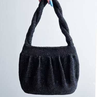 Glamorous 1940's Black Beaded Twist Handle Evening Bag